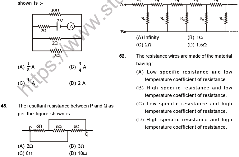 NEET Physics Electricity MCQs Set B, Multiple Choice Questions